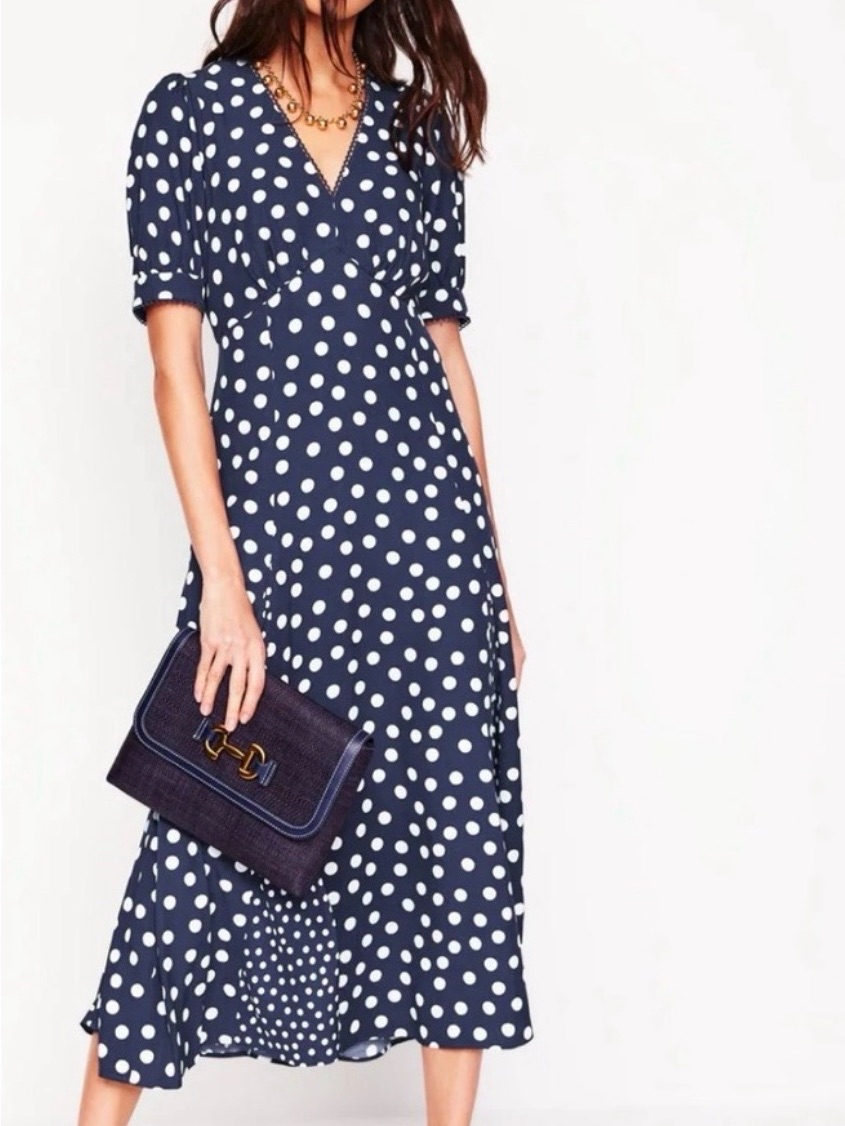 Boden Rosie Godet Tea Navy White Polka Dot V-Neck Midi Dress